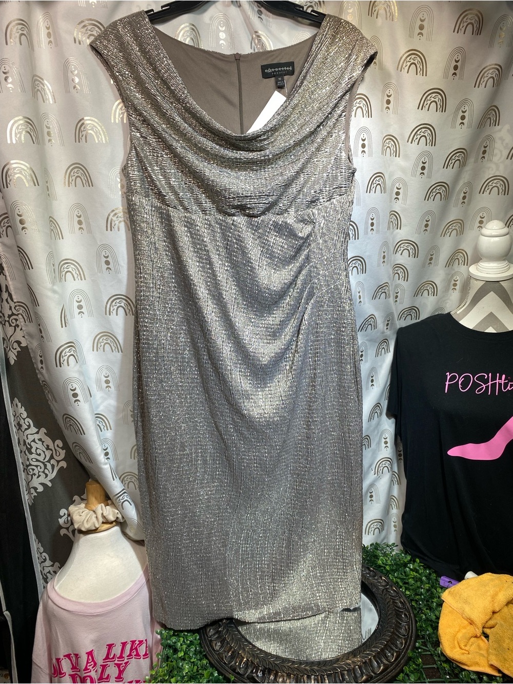 connected apparel Silver Metallic Cowl Neck Midi Dress